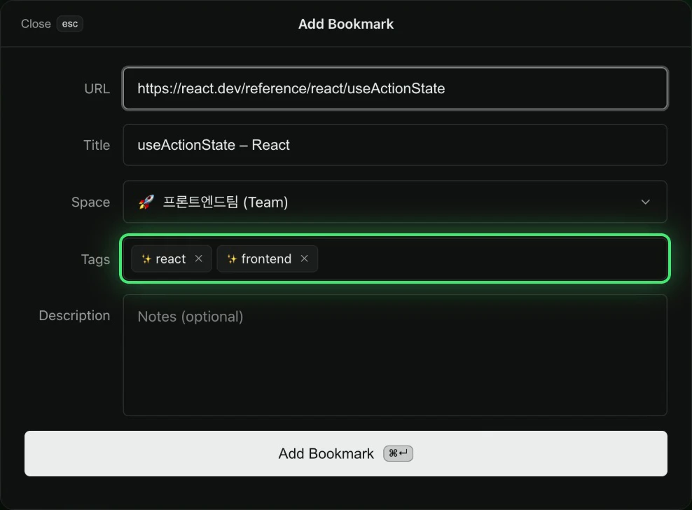 Add bookmark window — URL and title prefilled while AI suggests tags