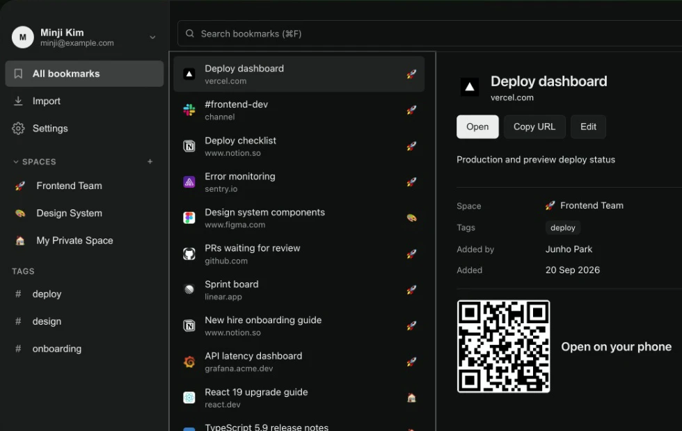 Team space bookmark details — who added it and a QR code to open it on your phone