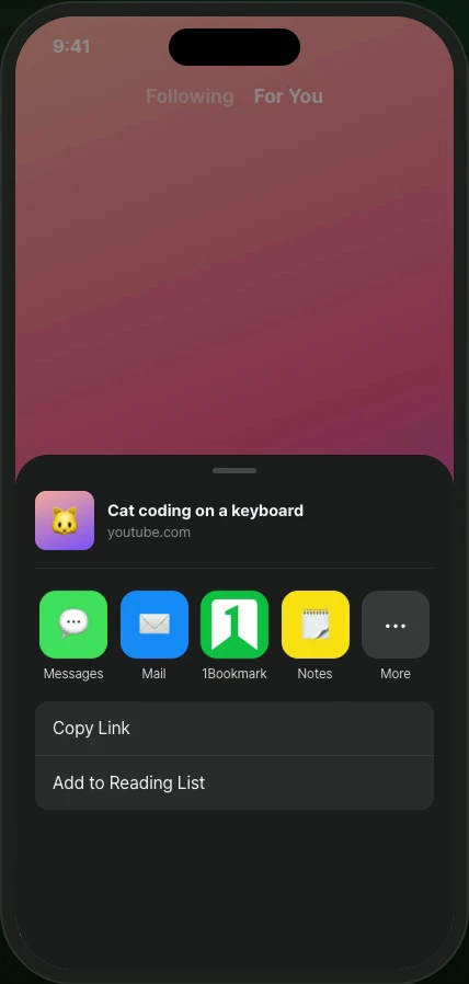 Tapping share in a social app and picking 1Bookmark from the share sheet to save