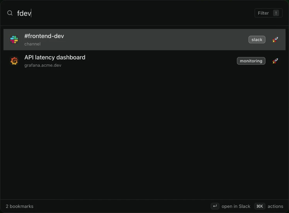 Quick Search finding the #frontend-dev Slack channel by typing fdev